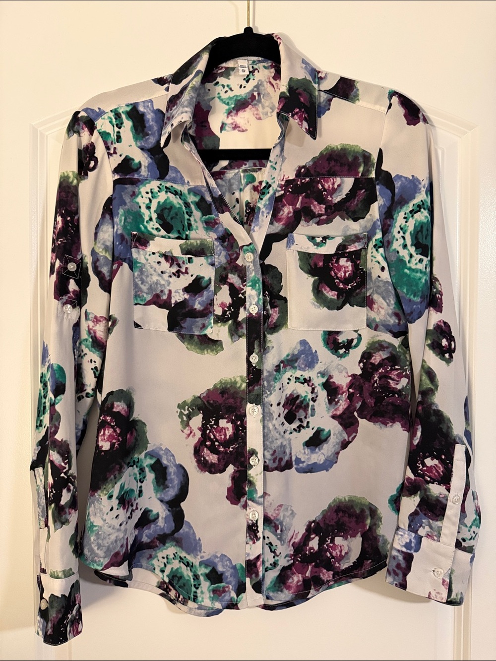 Express Portofino Floral Print Button-Up Shirt - White with Teal & Purple XS